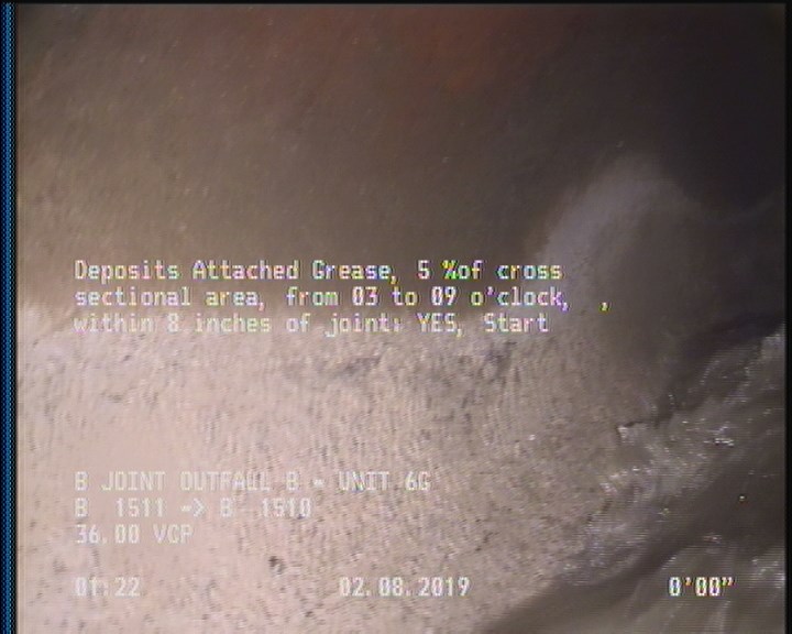 Deposits Attached Grease, 5 %of cross sectional area, from 03 to 09 o'clock, , within 8 inches of joint: YES, Start