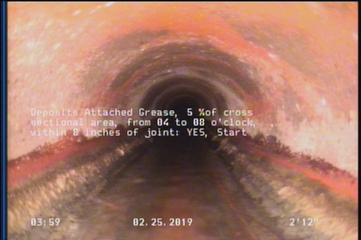 Deposits Attached Grease, 5 %of cross sectional area, from 04 to 08 o'clock, , within 8 inches of joint: YES, Start