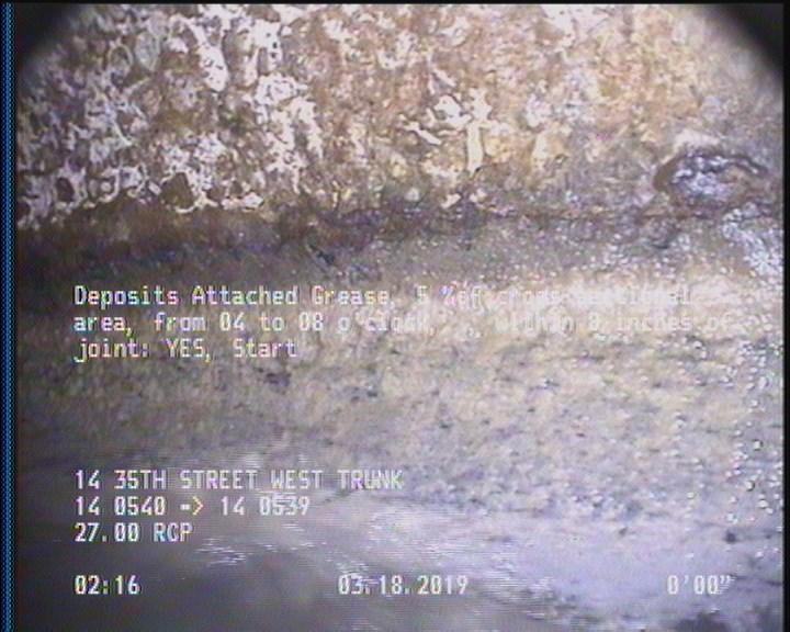 Deposits Attached Grease, 5 %of cross sectional area, from 04 to 08 o'clock, , within 8 inches of joint: YES, Start
