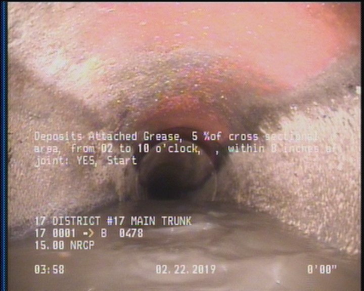 Deposits Attached Grease, 5 %of cross sectional area, from 02 to 10 o'clock, , within 8 inches of joint: YES, Start