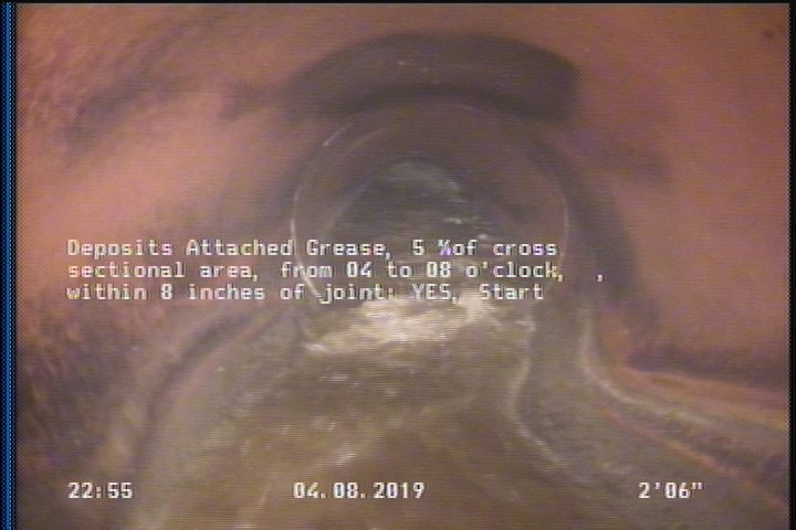 Deposits Attached Grease, 5 %of cross sectional area, from 04 to 08 o'clock, , within 8 inches of joint: YES, Start