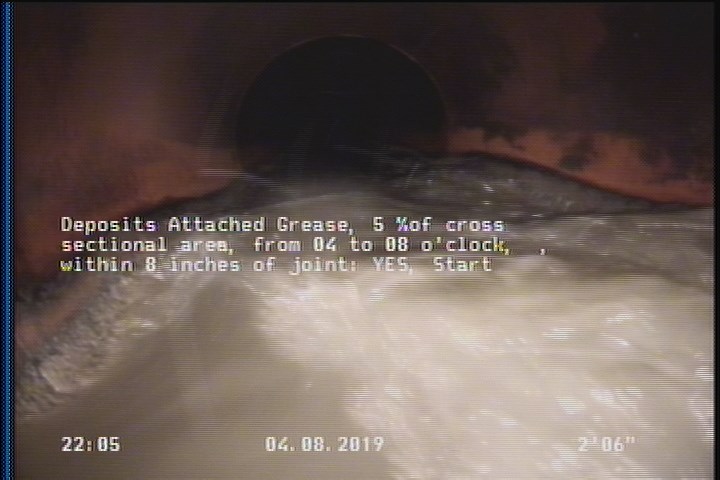 Deposits Attached Grease, 5 %of cross sectional area, from 04 to 08 o'clock, , within 8 inches of joint: YES, Start