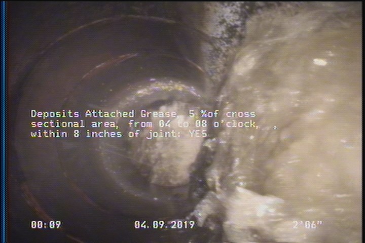 Deposits Attached Grease, 5 %of cross sectional area, from 04 to 08 o'clock, , within 8 inches of joint: YES