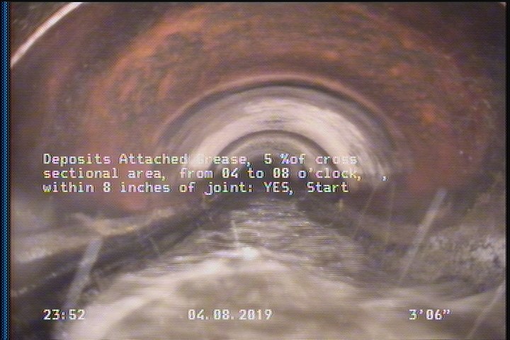 Deposits Attached Grease, 5 %of cross sectional area, from 04 to 08 o'clock, , within 8 inches of joint: YES, Start