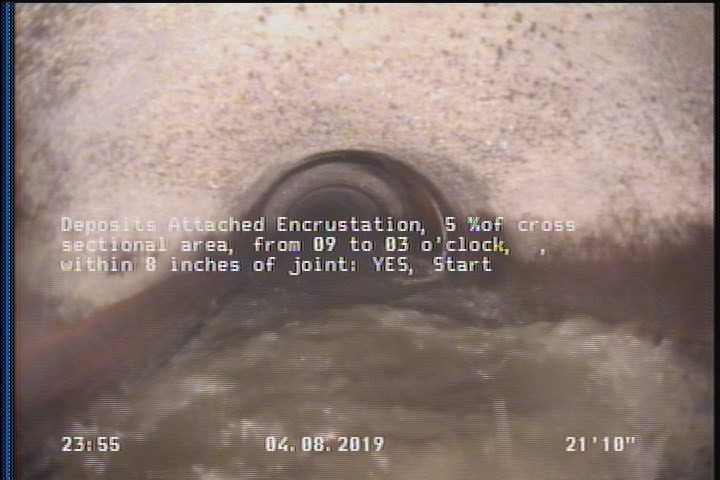Deposits Attached Encrustation, 5 %of cross sectional area, from 09 to 03 o'clock, , within 8 inches of joint: YES, Start