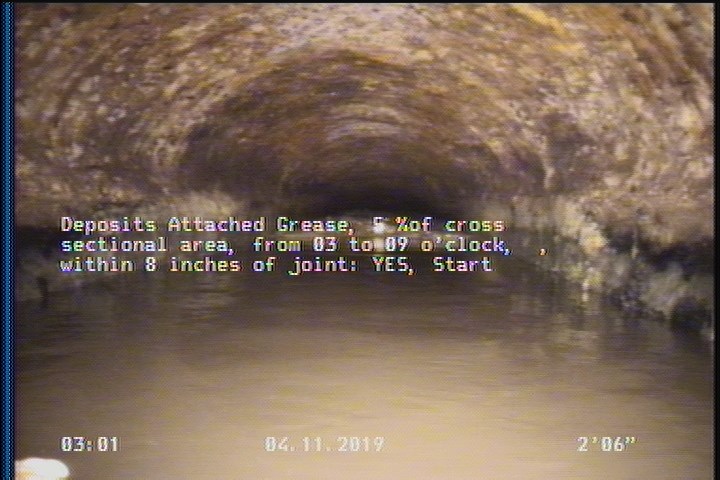 Deposits Attached Grease, 5 %of cross sectional area, from 03 to 09 o'clock, , within 8 inches of joint: YES, Start