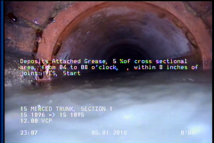 Deposits Attached Grease, 5 %of cross sectional area, from 04 to 08 o'clock, , within 8 inches of joint: YES, Start