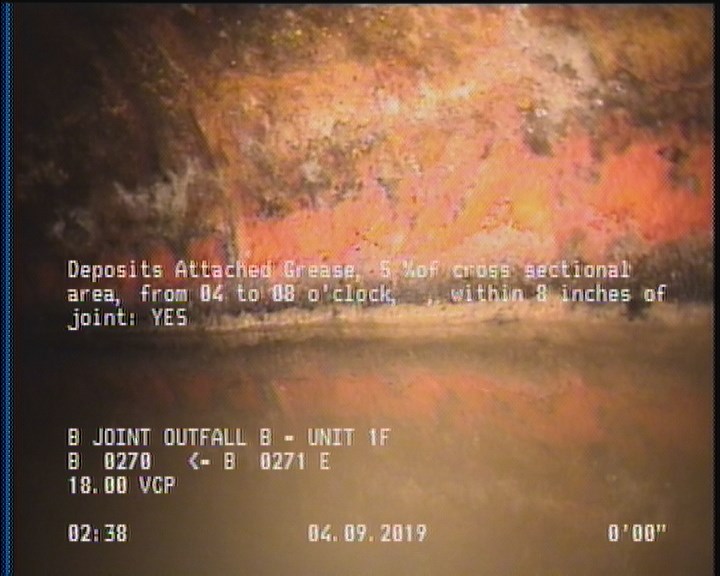 Deposits Attached Grease, 5 %of cross sectional area, from 04 to 08 o'clock, , within 8 inches of joint: YES