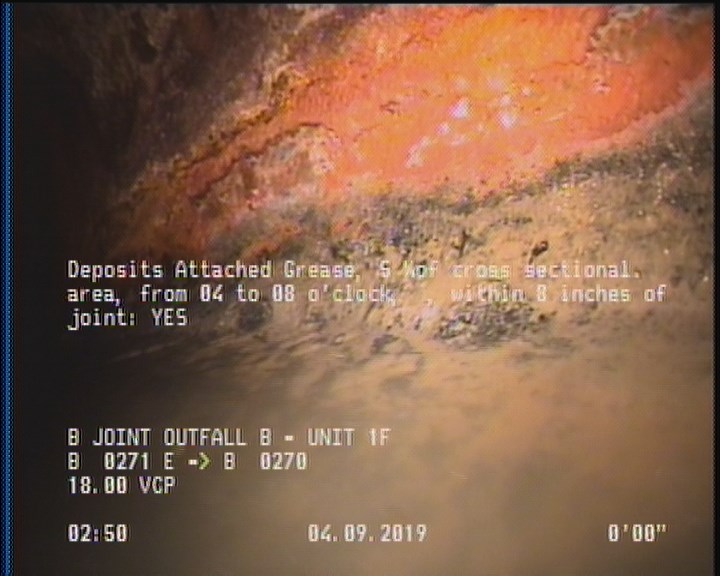 Deposits Attached Grease, 5 %of cross sectional area, from 04 to 08 o'clock, , within 8 inches of joint: YES