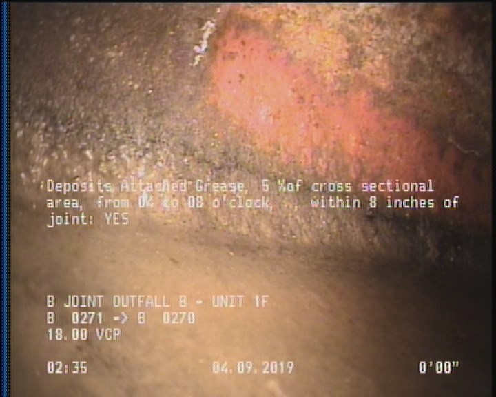 Deposits Attached Grease, 5 %of cross sectional area, from 04 to 08 o'clock, , within 8 inches of joint: YES