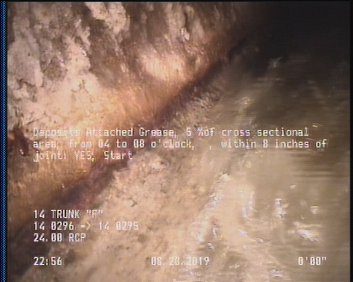 Deposits Attached Grease, 5 %of cross sectional area, from 04 to 08 o'clock, , within 8 inches of joint: YES, Start