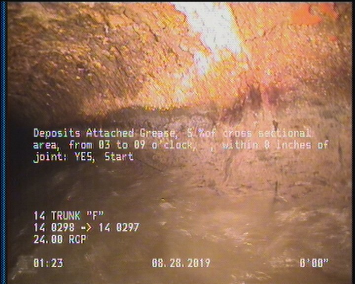Deposits Attached Grease, 5 %of cross sectional area, from 03 to 09 o'clock, , within 8 inches of joint: YES, Start