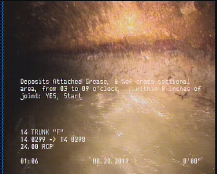 Deposits Attached Grease, 5 %of cross sectional area, from 03 to 09 o'clock, , within 8 inches of joint: YES, Start
