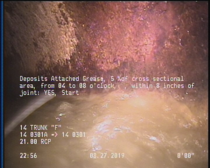 Deposits Attached Grease, 5 %of cross sectional area, from 04 to 08 o'clock, , within 8 inches of joint: YES, Start