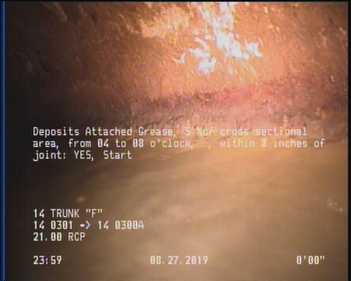 Deposits Attached Grease, 5 %of cross sectional area, from 04 to 08 o'clock, , within 8 inches of joint: YES, Start