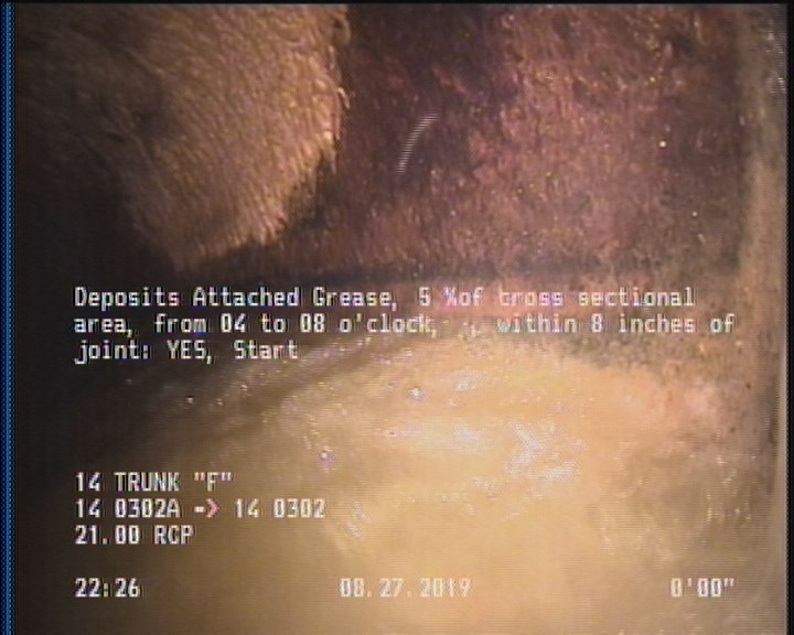 Deposits Attached Grease, 5 %of cross sectional area, from 04 to 08 o'clock, , within 8 inches of joint: YES, Start