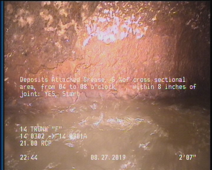 Deposits Attached Grease, 5 %of cross sectional area, from 04 to 08 o'clock, , within 8 inches of joint: YES, Start
