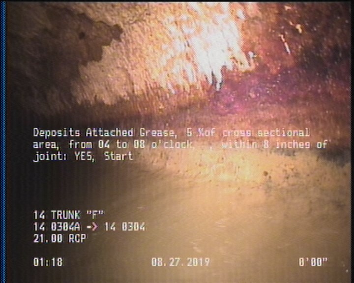 Deposits Attached Grease, 5 %of cross sectional area, from 04 to 08 o'clock, , within 8 inches of joint: YES, Start
