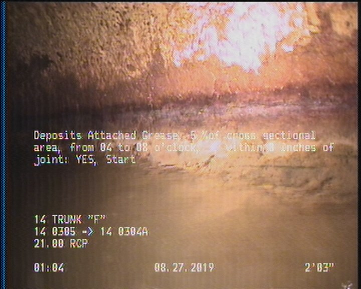 Deposits Attached Grease, 5 %of cross sectional area, from 04 to 08 o'clock, , within 8 inches of joint: YES, Start