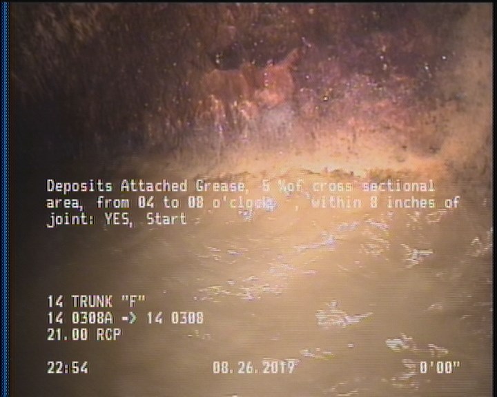 Deposits Attached Grease, 5 %of cross sectional area, from 04 to 08 o'clock, , within 8 inches of joint: YES, Start