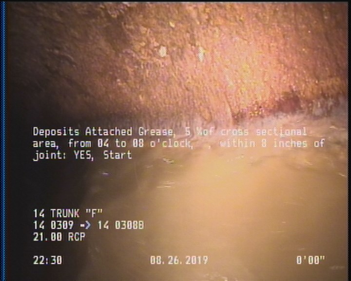 Deposits Attached Grease, 5 %of cross sectional area, from 04 to 08 o'clock, , within 8 inches of joint: YES, Start