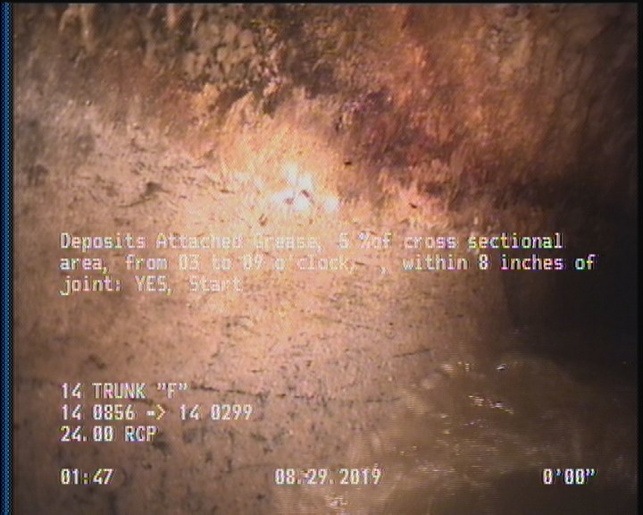 Deposits Attached Grease, 5 %of cross sectional area, from 03 to 09 o'clock, , within 8 inches of joint: YES, Start