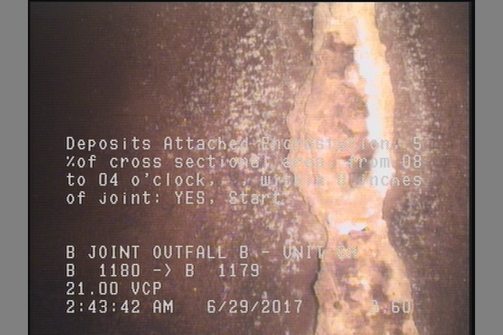 Deposits Attached Encrustation, 5 %of cross sectional area, from 08 to 04 o'clock, , within 8 inches of joint: YES, Start