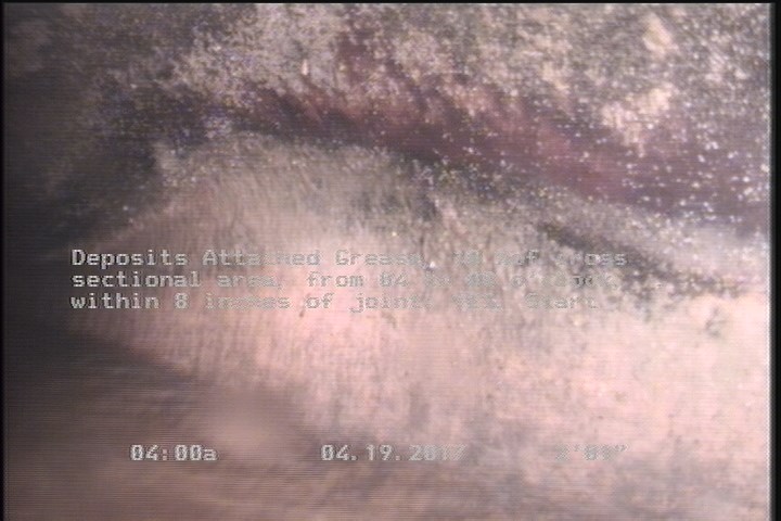 Deposits Attached Grease, 10 %of cross sectional area, from 04 to 08 o'clock, , within 8 inches of joint: YES, Start