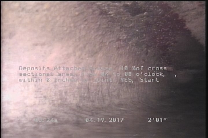 Deposits Attached Grease, 10 %of cross sectional area, from 04 to 08 o'clock, , within 8 inches of joint: YES, Start