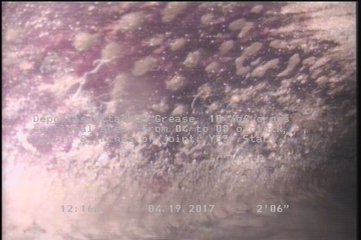 Deposits Attached Grease, 10 %of cross sectional area, from 04 to 08 o'clock, , within 8 inches of joint: YES, Start