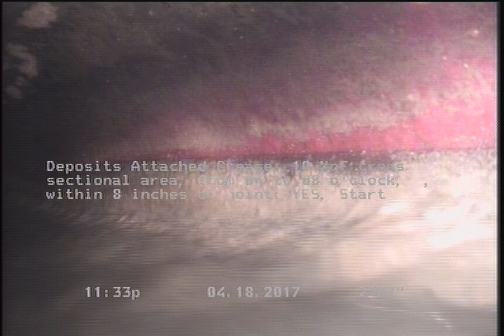 Deposits Attached Grease, 10 %of cross sectional area, from 04 to 08 o'clock, , within 8 inches of joint: YES, Start