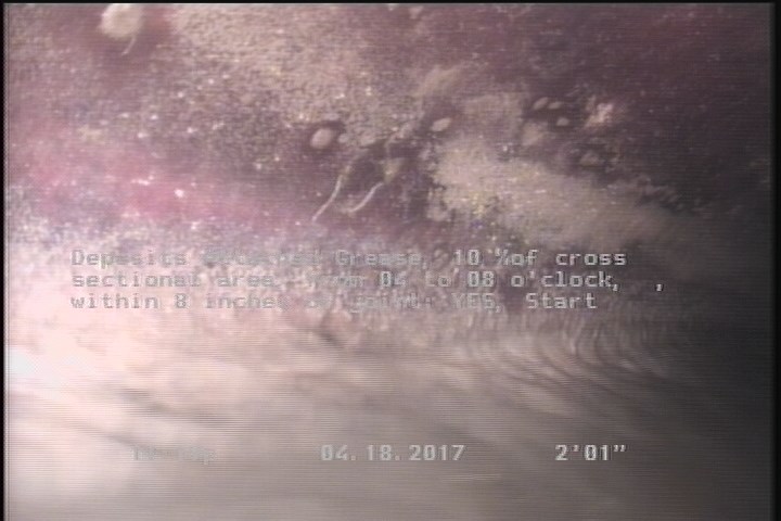 Deposits Attached Grease, 10 %of cross sectional area, from 04 to 08 o'clock, , within 8 inches of joint: YES, Start