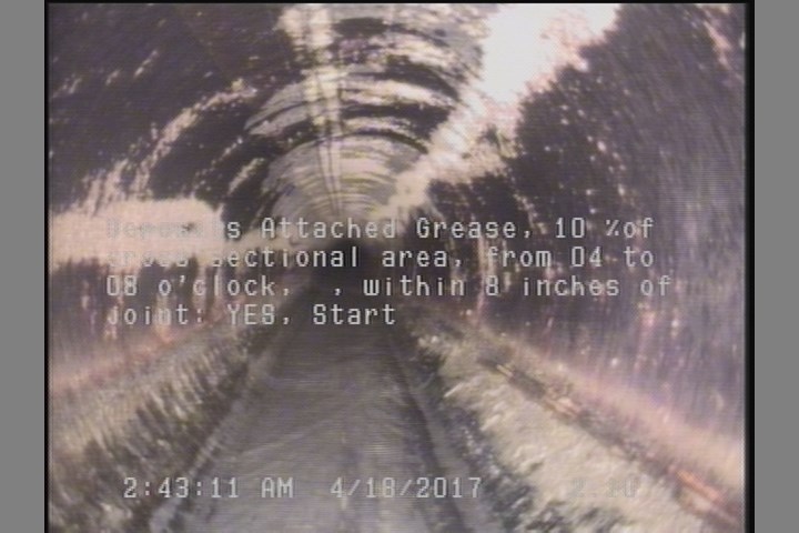 Deposits Attached Grease, 10 %of cross sectional area, from 04 to 08 o'clock, , within 8 inches of joint: YES, Start