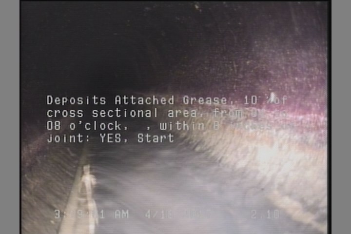 Deposits Attached Grease, 10 %of cross sectional area, from 04 to 08 o'clock, , within 8 inches of joint: YES, Start