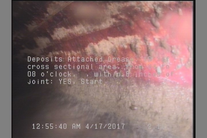 Deposits Attached Grease, 10 %of cross sectional area, from 04 to 08 o'clock, , within 8 inches of joint: YES, Start