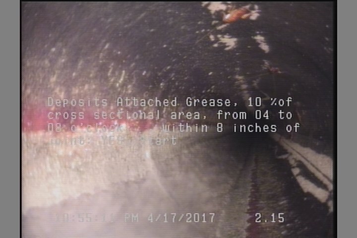 Deposits Attached Grease, 10 %of cross sectional area, from 04 to 08 o'clock, , within 8 inches of joint: YES, Start