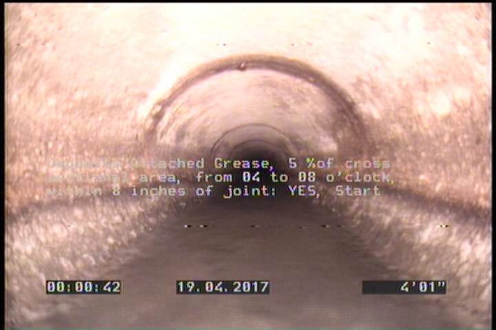 Deposits Attached Grease, 5 %of cross sectional area, from 04 to 08 o'clock, , within 8 inches of joint: YES, Start
