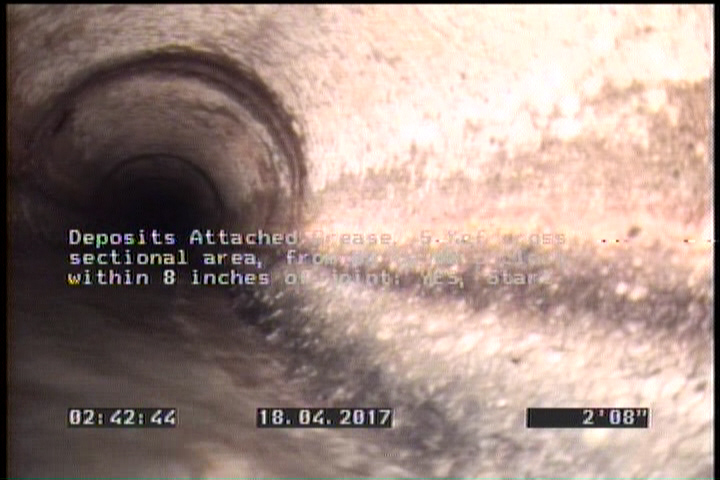 Deposits Attached Grease, 5 %of cross sectional area, from 04 to 08 o'clock, , within 8 inches of joint: YES, Start