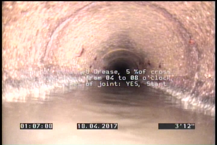 Deposits Attached Grease, 5 %of cross sectional area, from 04 to 08 o'clock, , within 8 inches of joint: YES, Start