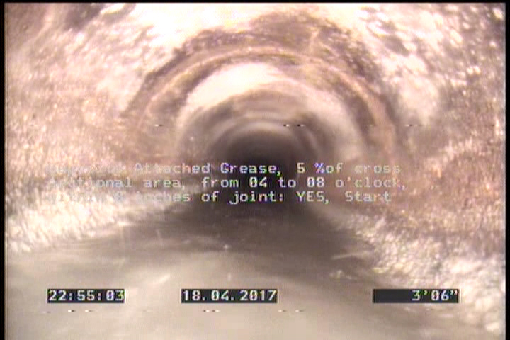 Deposits Attached Grease, 5 %of cross sectional area, from 04 to 08 o'clock, , within 8 inches of joint: YES, Start