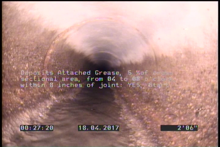 Deposits Attached Grease, 5 %of cross sectional area, from 04 to 08 o'clock, , within 8 inches of joint: YES, Start