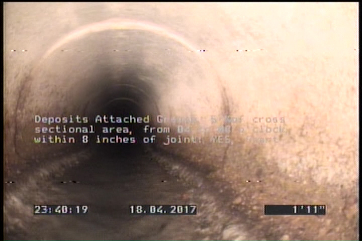 Deposits Attached Grease, 5 %of cross sectional area, from 04 to 08 o'clock, , within 8 inches of joint: YES, Start