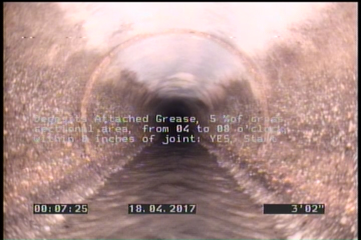 Deposits Attached Grease, 5 %of cross sectional area, from 04 to 08 o'clock, , within 8 inches of joint: YES, Start