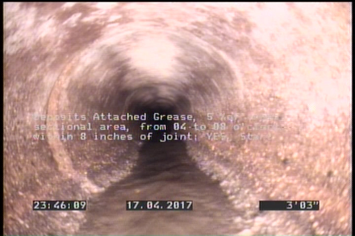Deposits Attached Grease, 5 %of cross sectional area, from 04 to 08 o'clock, , within 8 inches of joint: YES, Start