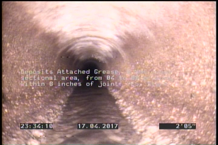 Deposits Attached Grease, 5 %of cross sectional area, from 04 to 08 o'clock, , within 8 inches of joint: YES, Start
