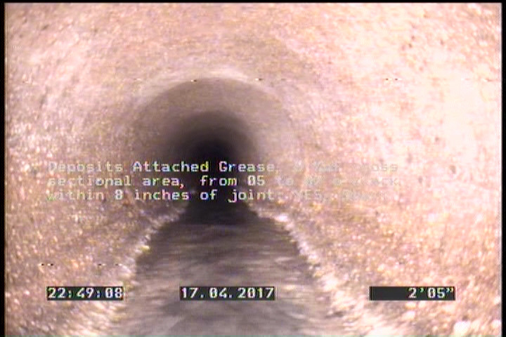 Deposits Attached Grease, 5 %of cross sectional area, from 05 to 07 o'clock, , within 8 inches of joint: YES, Start