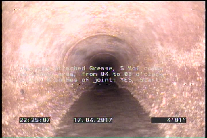 Deposits Attached Grease, 5 %of cross sectional area, from 04 to 08 o'clock, , within 8 inches of joint: YES, Start