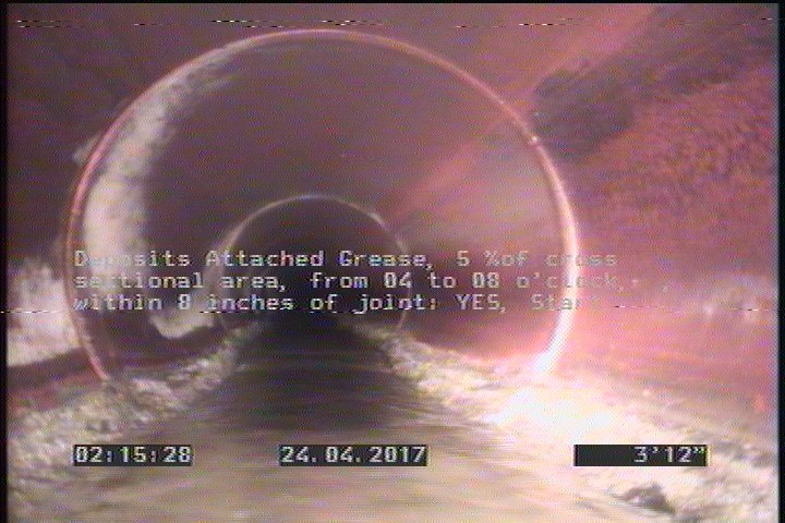 Deposits Attached Grease, 5 %of cross sectional area, from 04 to 08 o'clock, , within 8 inches of joint: YES, Start