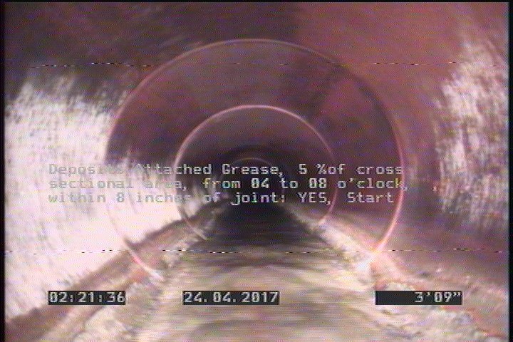 Deposits Attached Grease, 5 %of cross sectional area, from 04 to 08 o'clock, , within 8 inches of joint: YES, Start