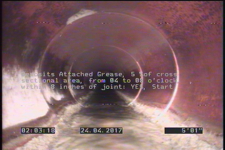 Deposits Attached Grease, 5 %of cross sectional area, from 04 to 08 o'clock, , within 8 inches of joint: YES, Start